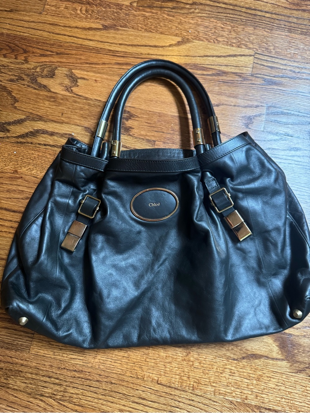 Chloe Hand Bag Shoulder Bag Black Leather Gold Accents